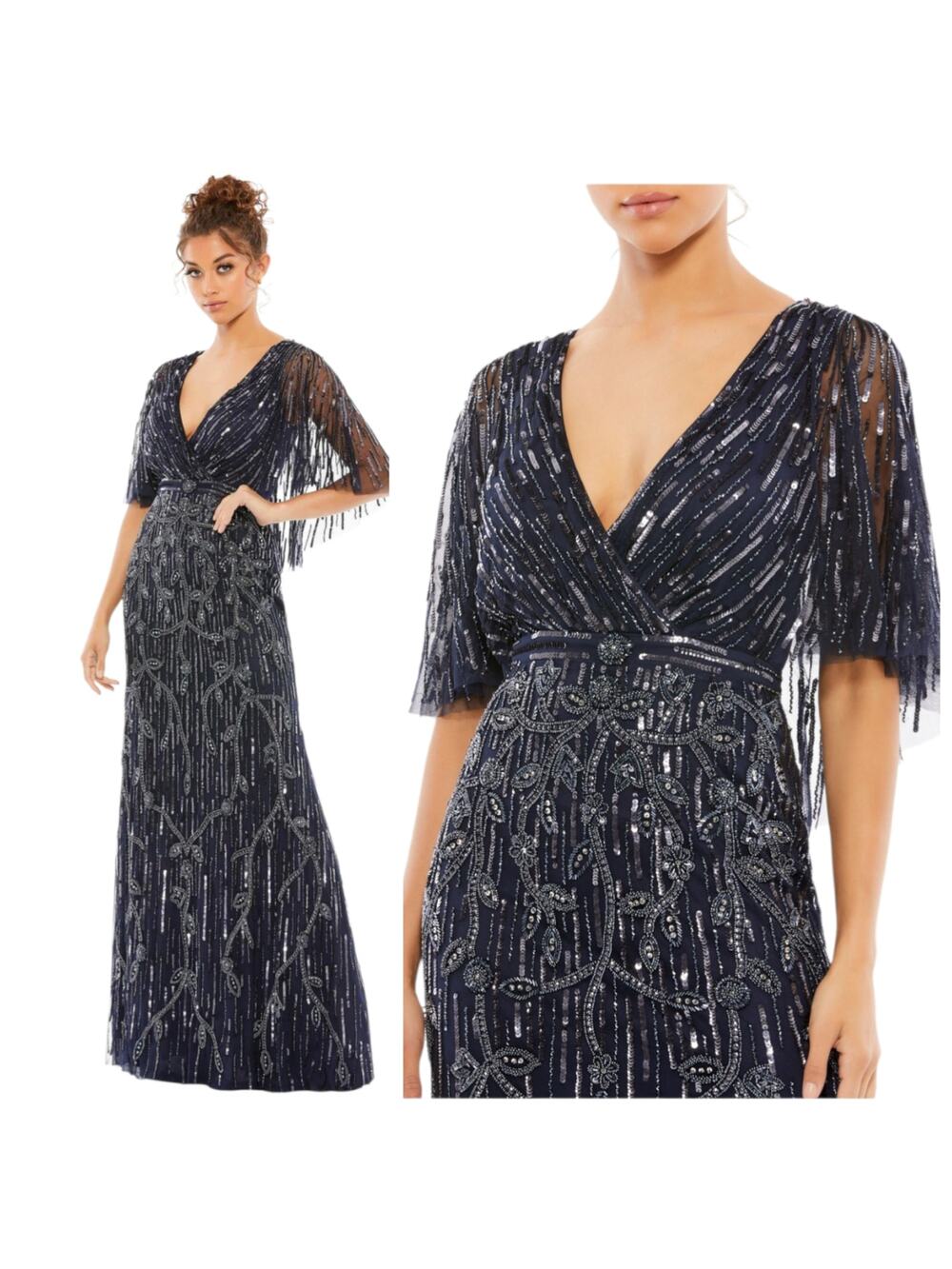 Mac Duggal 9064 Midnight Navy Blue Sequin Dress Beaded Cape Sleeve Gown Size 4
